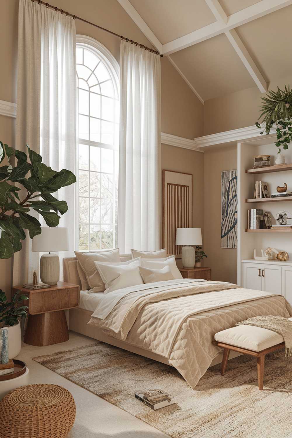 A Boho modern bedroom decor. The room has a high ceiling and is painted in a soft beige color. There's a large window with white curtains. The room contains a king-sized bed with a beige quilt and white pillows. There's a beige wool rug on the floor. The bedside tables are made of wood and have a white lamp. There's a white bookshelf with a few books and decorative items. The room has a few plants, including a large fiddle-leaf fig tree.