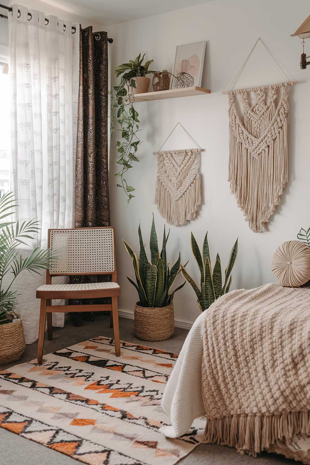 A boho modern bedroom decor with a stylish and highly detailed aesthetic. The room has a mix of textures and patterns, including a patterned rug, a macrame wall hanging, and a knit throw blanket. There is a wooden chair with a woven seat near the window. The wall has a few pieces of art and a shelf. The room also has a few plants, adding to the boho vibe. The lighting is soft.