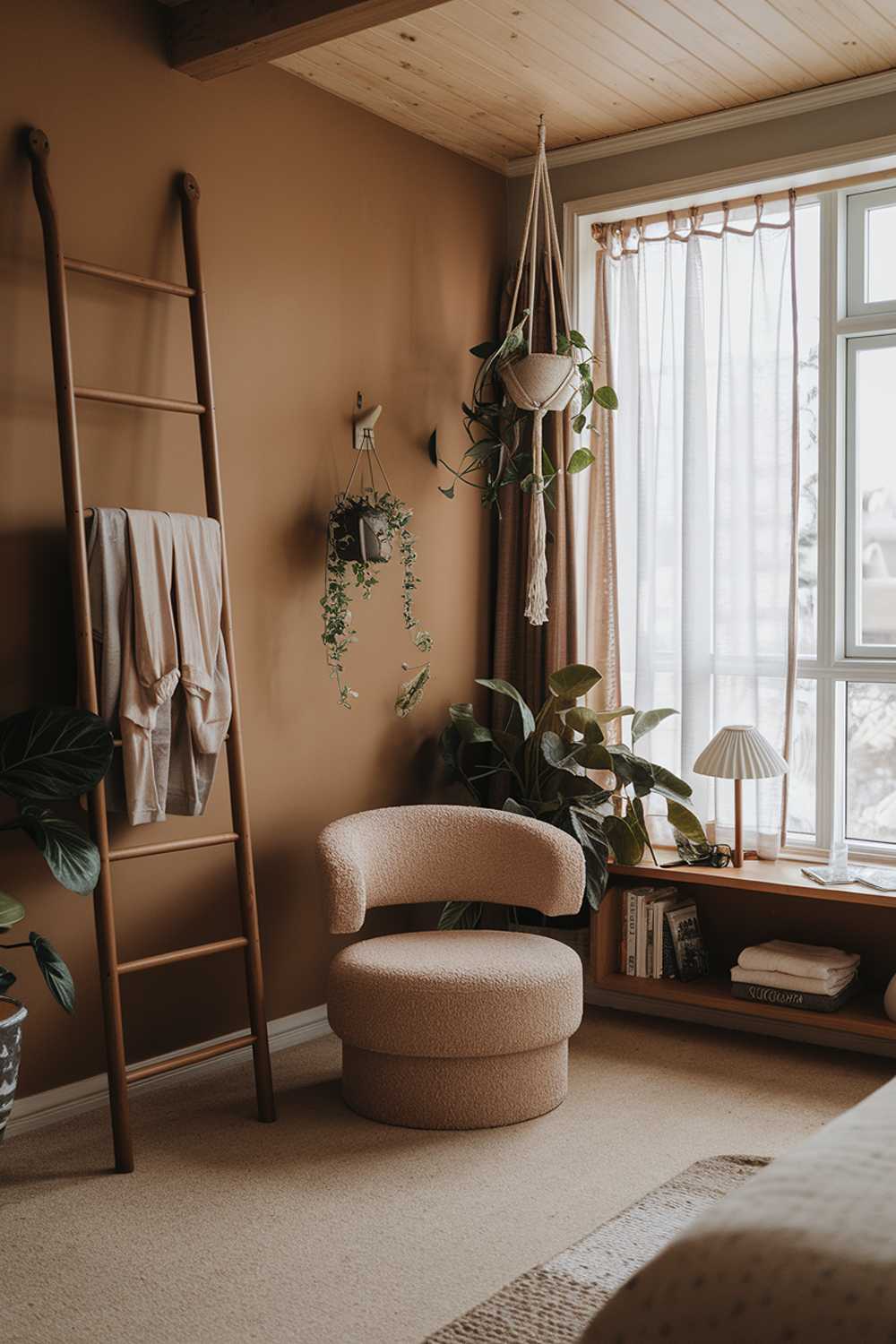 A Boho modern bedroom. The room has a tan wall, a wooden ceiling, and a beige carpeted floor. There's a wooden ladder leaning against the wall near the ceiling. There's a beige chair with a curved backrest in the corner. The room has a few plants, including a hanging one near the window. The window has a white frame and is covered with sheer curtains. There's a wooden shelf near the window with a few items, including a white lampshade. The room has a few items of clothing hanging from a wooden rod near the ladder. The room has soft lighting.