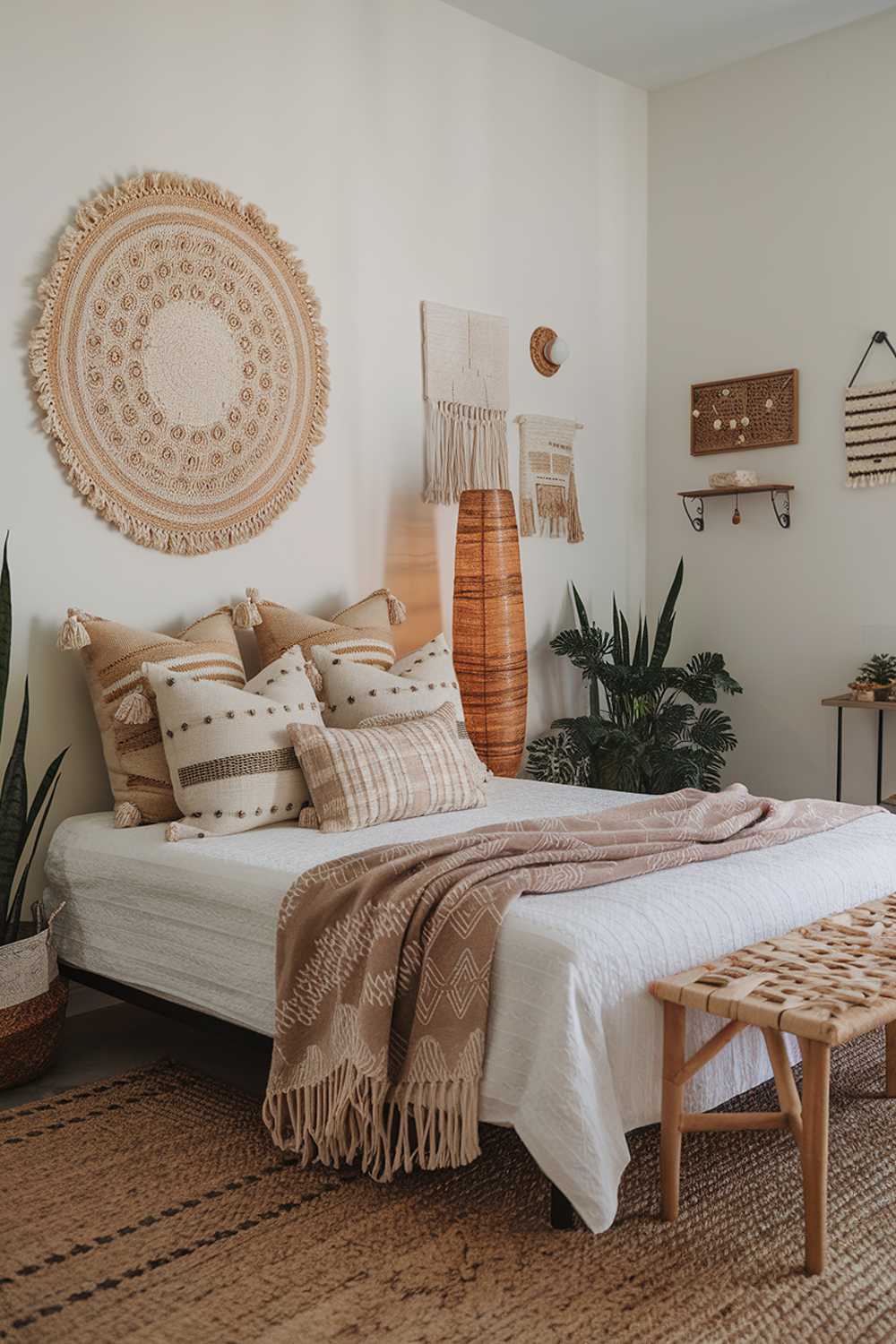 A Boho modern bedroom decor with a queen-size bed. The bed is placed against the wall, with a woven rug beneath it. There are multiple pillows with various patterns stacked at the head of the bed. A tall, thin lamp with a patterned shade sits on the ground beside the bed. On the wall above the bed, there's a large, round, patterned wall hanging. The other walls have a few pieces of artwork and a small shelf. The room has a few plants and a basket.