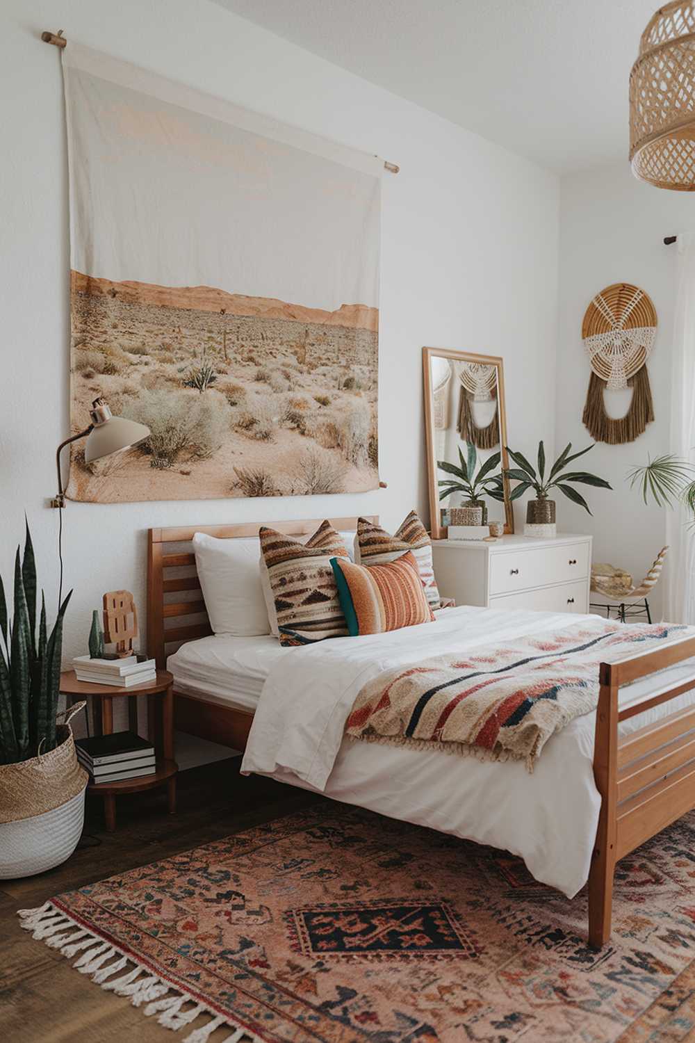 A Boho modern bedroom decor. The room has a white wall, a wooden floor, and a patterned rug. There is a wooden bed with a white duvet and colorful pillows. A white dresser with a mirror is placed next to the bed. A large wall art with a desert landscape is hung above the bed. A reading lamp with a beige shade is placed on the nightstand. A green plant is placed on the nightstand and on the ground. The room has a few decorative items, including a woven basket and a few books.