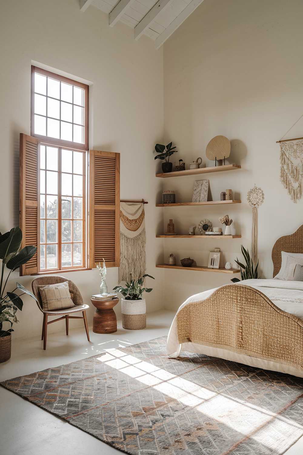 A Boho modern bedroom decor. The room has a high ceiling and is painted in a light color. There is a large window with wooden shutters, providing natural light. The room contains a queen-size bed with a woven fabric headboard. There is a large wall-mounted wooden shelf with decorative items. The floor is covered with a large, patterned rug. The room also contains a chair, a few small tables, and some plants.