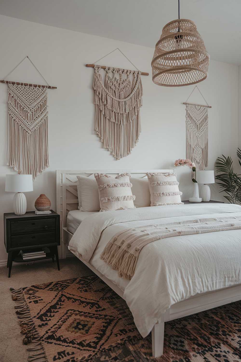 A Boho modern bedroom decor. The room has a white wooden bed frame with a plush white comforter and two decorative pillows. There's a black wooden nightstand beside the bed with a white lamp and a decorative object. The walls are adorned with macrame wall hangings, and there's a hanging pendant lamp above the bed. The floor is covered with a large, patterned rug.