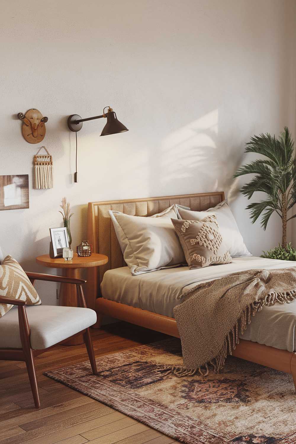 A Boho modern bedroom decor with a comfortable bed, a wooden side table, a chair, a wall-mounted lamp, and a plant. The room has a white wall, a wooden floor, and a patterned rug. There's a decorative pillow on the bed and a throw blanket next to the bed. The room has a few personal items, such as a photo frame and a small decorative item. The lighting is warm and soft.