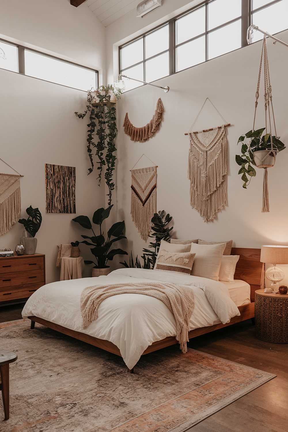 A Boho modern bedroom with a cozy ambiance. The room has a high ceiling and large windows. There is a wooden platform bed with a white duvet and multiple pillows. The walls are adorned with a mix of hanging plants, a macrame wall hanging, and some artwork. The floor is covered with a large area rug. There is a wooden dresser and a side table with a lamp next to the bed. The room has a stylish decor with a mix of textures and materials, including wood, fabric, and metal.