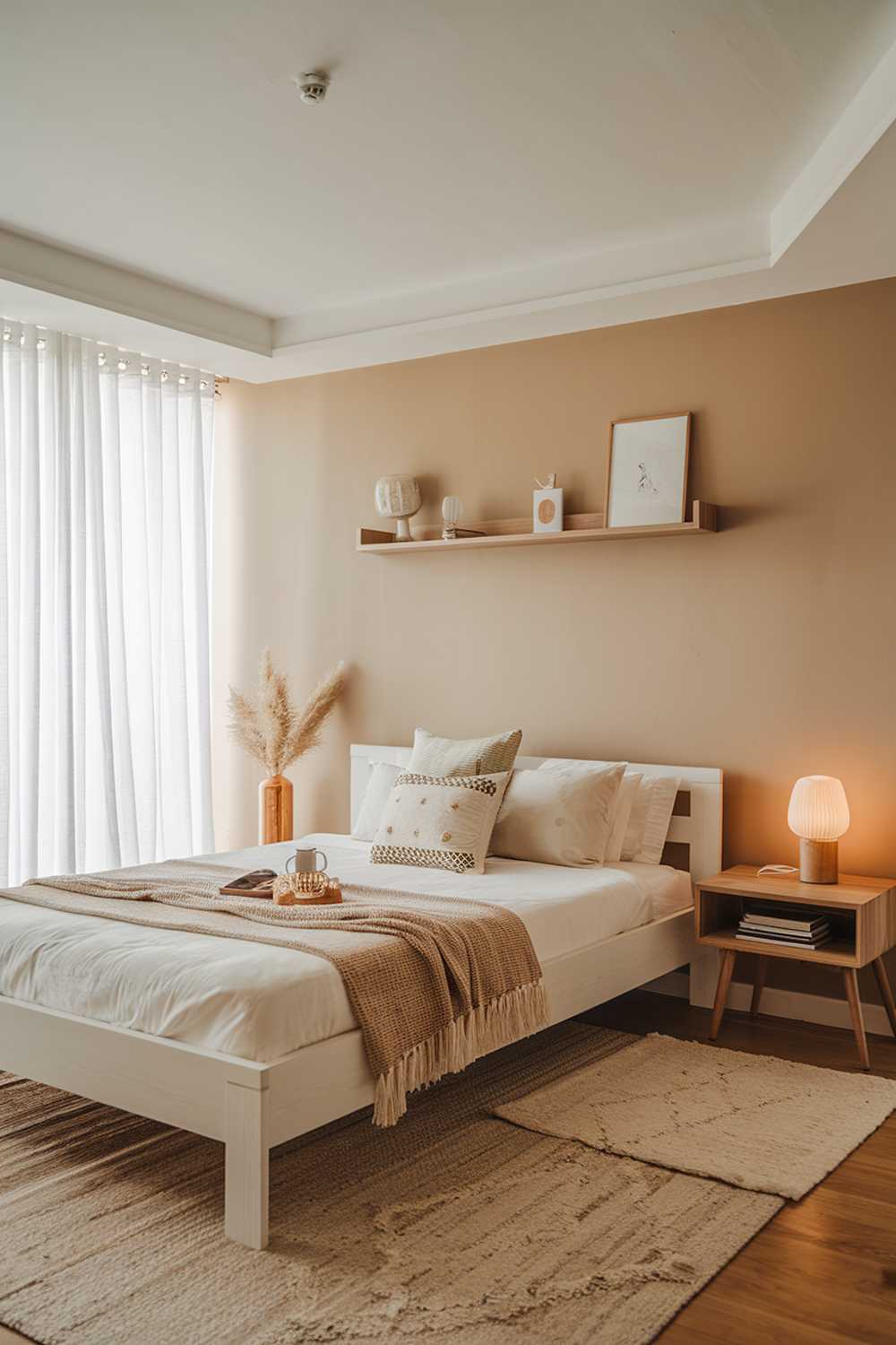 A Boho modern bedroom decor. The room has a beige wall, a wooden floor, and a white ceiling. There is a white wooden bed with a woven blanket and a few pillows. There is a beige rug beneath the bed. On the wall above the bed, there is a simple wooden shelf with a few items. Near the bed, there is a wooden nightstand with a lamp. There is a white curtain near the nightstand. The room has soft lighting.