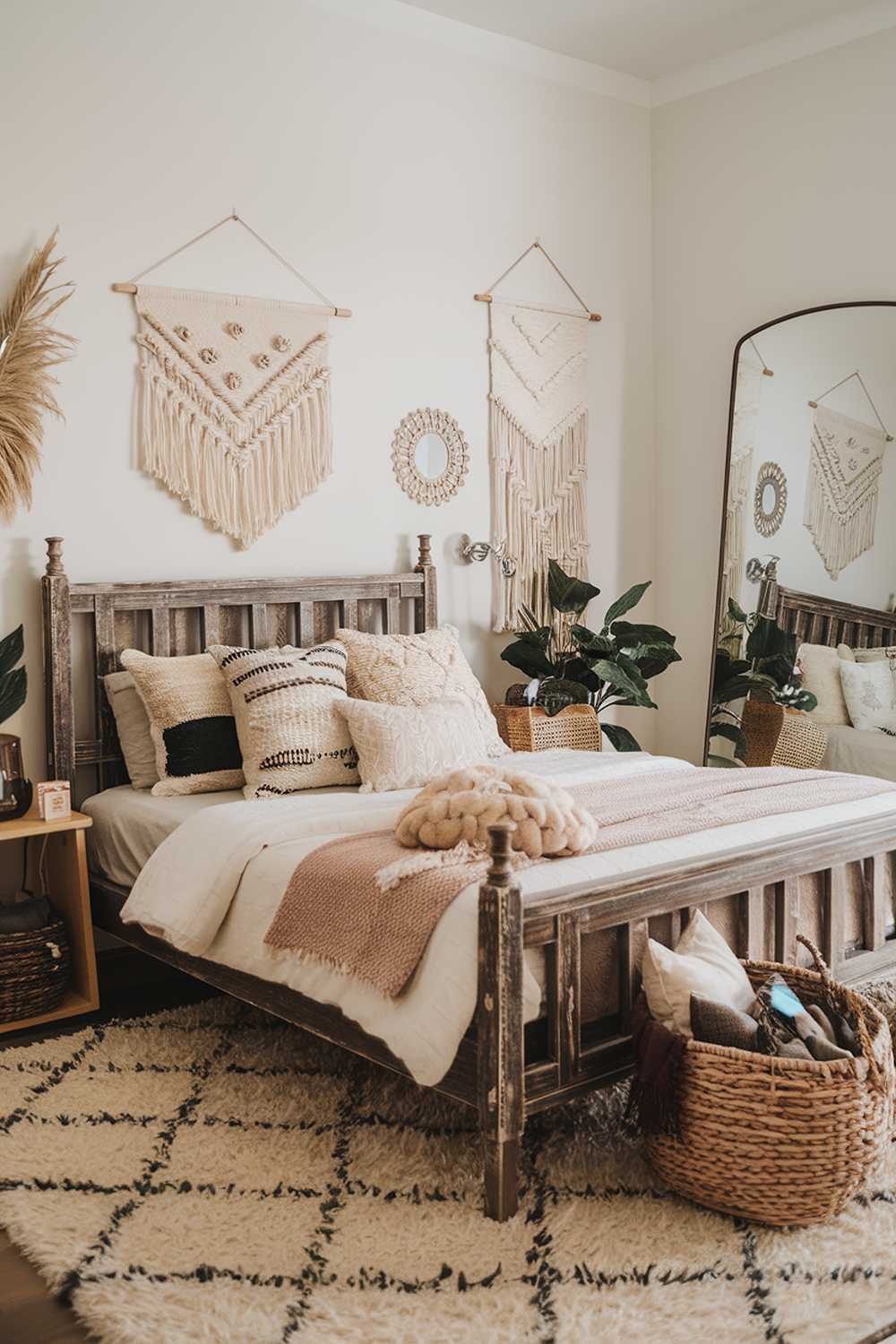 A Boho modern bedroom decor with a distressed wooden bed frame, a plush rug, and a variety of pillows. There's a woven basket at the foot of the bed, and a few personal items on the nightstand. The walls are adorned with various wall hangings and a large mirror. The room has a few plants, adding a touch of greenery.