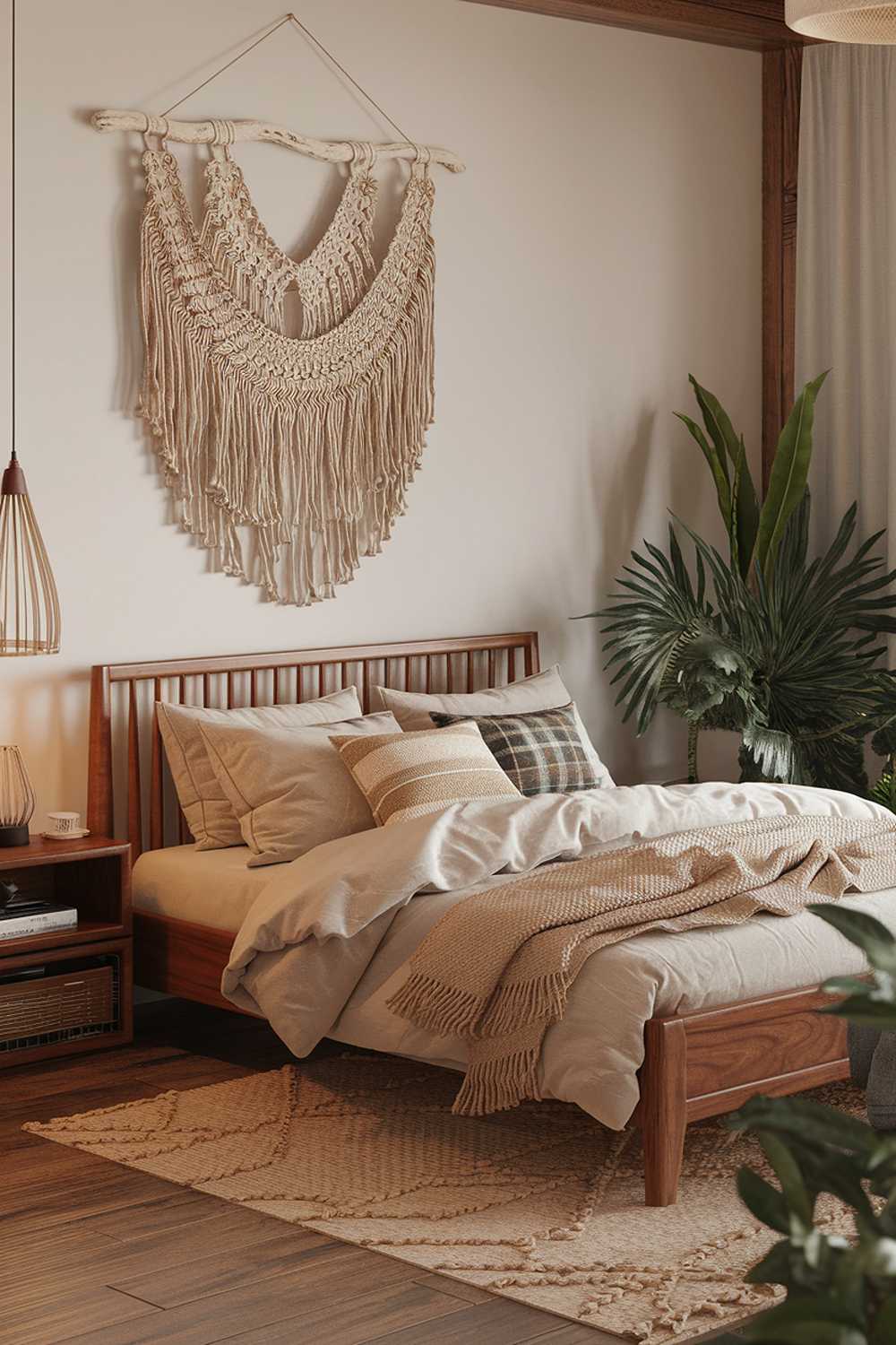 A Boho modern bedroom decor. The room has a wooden floor, a white wall, and a beige rug. There is a wooden bed with a beige duvet and multiple pillows. On the wall, there's a macrame wall hanging. The bed has a wooden frame. On the floor, there's a beige rug. There's a wooden nightstand next to the bed. The nightstand has a lamp and a book. The room has a few plants. The lighting is warm.