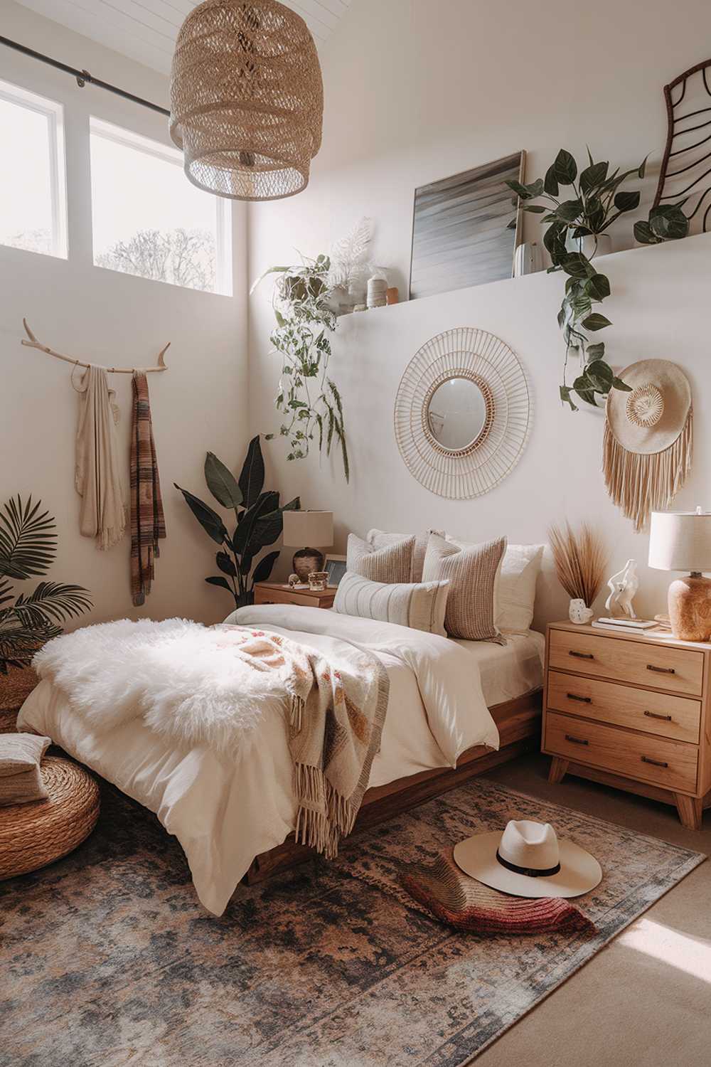 A boho modern bedroom decor with a stylish cozy atmosphere. The room has a high ceiling and is filled with natural light. There is a comfortable bed with a fluffy white duvet and a variety of pillows. The walls are adorned with plants, a decorative mirror, and a few pieces of artwork. The floor is covered with a large patterned rug. There is a wooden dresser with drawers and a lamp near the bed. The room has a few decorative items, such as a woven basket, a scarf, and a hat. The overall decor has a mix of warm and cool tones, with a variety of textures.