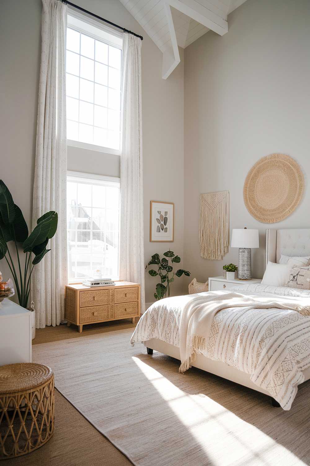 A Boho modern bedroom decor. The room has a high ceiling and is illuminated by natural light. There is a large window with white curtains. The walls are painted in light grey. The floor is covered with a beige rug. There are several furniture pieces in the room, including a white bed with a patterned duvet cover, a white nightstand, a wooden dresser, and a wicker basket. There are also several decorative items, such as a plant, a lamp, and wall art.