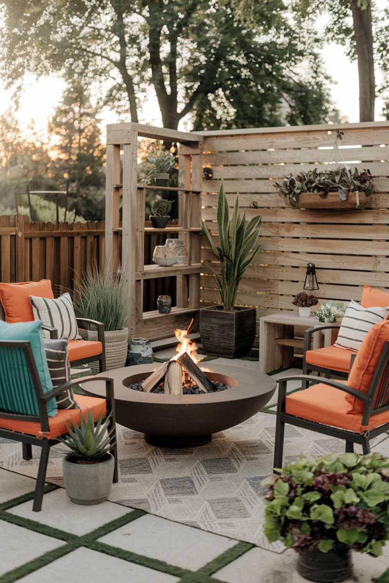 A modern patio design with a variety of decor. There is a round fire pit with a few logs burning in the center of the patio. Surrounding the fire pit are comfortable chairs with orange cushions. A few potted plants are placed around the patio. A wooden structure with a few shelves and a hanging planter is placed near the patio. There is a rug on the ground. The background contains a few trees. The lighting is warm.