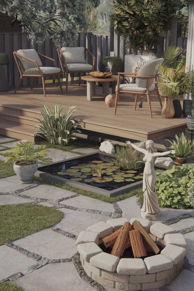 A modern patio design and decor. There's a wooden deck with a few chairs and a table. There's a small pond with a few plants. There's a stone statue of a woman with outstretched arms. There's a fire pit with a few logs. There are potted plants scattered around the patio. The background contains a few trees. The scene has a serene atmosphere.