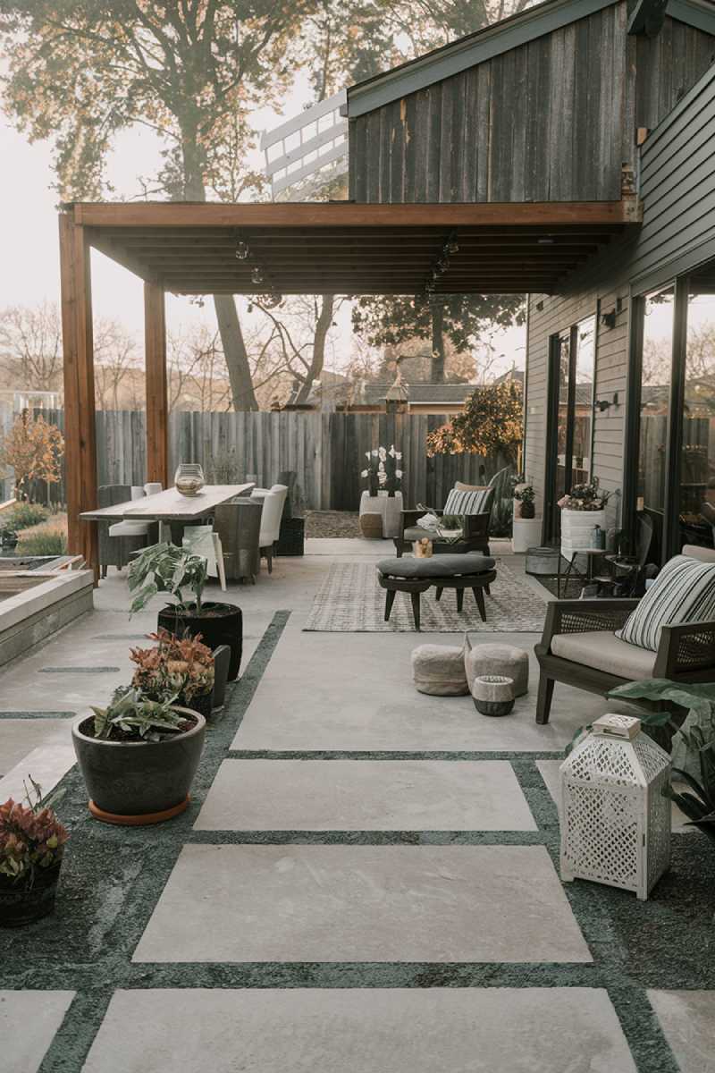 A modern patio design and decor. The patio features a mix of concrete and wooden elements, with a large wooden deck and a concrete pathway. There are several outdoor furniture pieces, including a dining table, lounge chairs, and a plant stand. The space is decorated with various items, such as potted plants, a decorative lantern, and a rug. The background reveals a fence and trees. The lighting is soft.