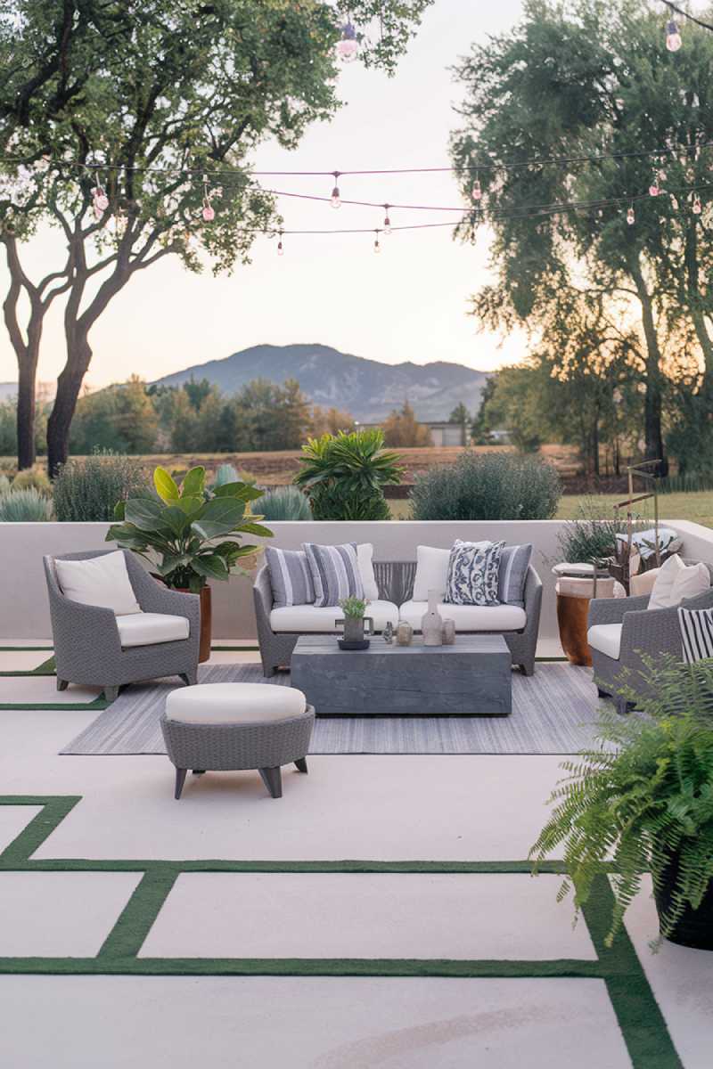 A modern patio design with decor. The patio has a few pieces of outdoor furniture, including a sofa, a coffee table, and a few chairs. There are also some potted plants and a few decorative items. The background reveals a serene landscape with mountains and trees. The patio has a few lights and has a calm and peaceful atmosphere.