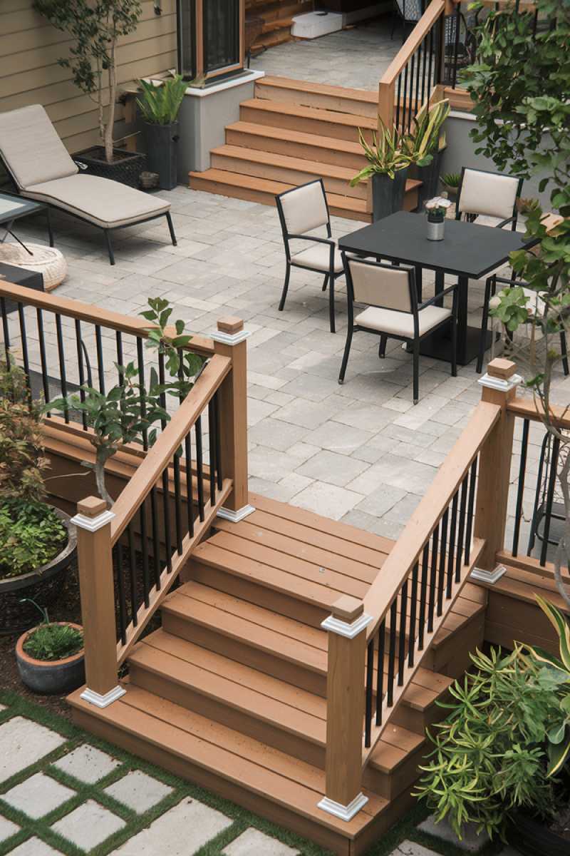 A modern patio design and decor. There's a wooden deck with a railing, leading to a paved patio area. On the left, there's a lounge chair and a small table. On the right, there's a larger table with four chairs. There are potted plants scattered around the space. The background reveals a house with a few stairs leading down to the patio.