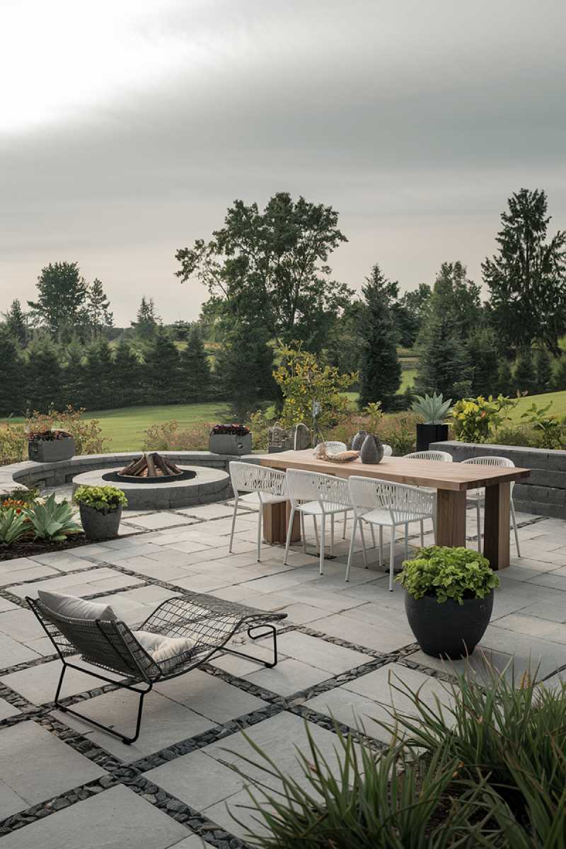 A modern patio design with a variety of decor elements. There's a wooden dining table with white chairs, placed on a paver stone floor. There are also a few potted plants around the patio. A metal lounge chair with a cushion is placed near the dining area. A fire pit with a ring of stone seats around it is in the background. The patio is surrounded by a lush green landscape with tall trees and plants. The sky is overcast.