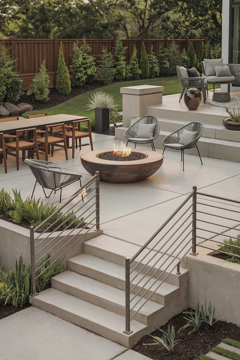 A modern patio design and decor. There's a large, round fire pit in the center with a few chairs around it. There's a long, rectangular table with chairs on one side. On the other side, there's a low wall with a few potted plants. The patio is made of concrete and has a few steps leading up to it. There's a railing made of metal posts and bars along the steps. The background reveals a house with a wooden fence and lush greenery.