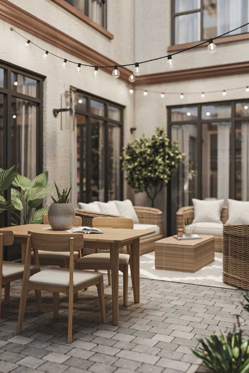 A cozy modern patio design and decor. There is a wooden dining table with four chairs, placed on a paver stone floor. There is a sofa and a coffee table made of wicker. A potted plant is placed near the sofa. There is a string of lights hanging above the patio. The background reveals a building with a few windows.