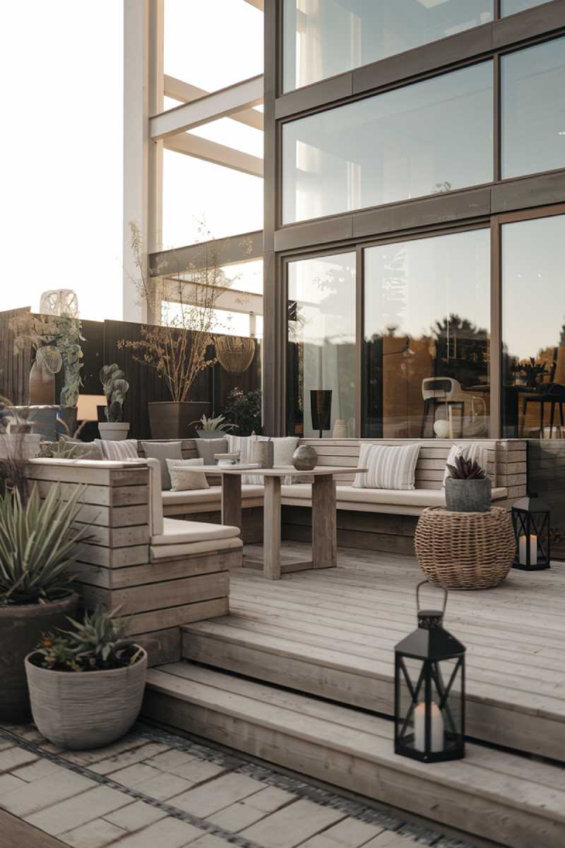 A modern patio design and decor. The patio features a wooden deck with built-in seating and a table. There are potted plants, a wicker basket, and a lantern on the deck. The background reveals a modern architecture house with large glass windows. The overall ambiance is serene and soothing.