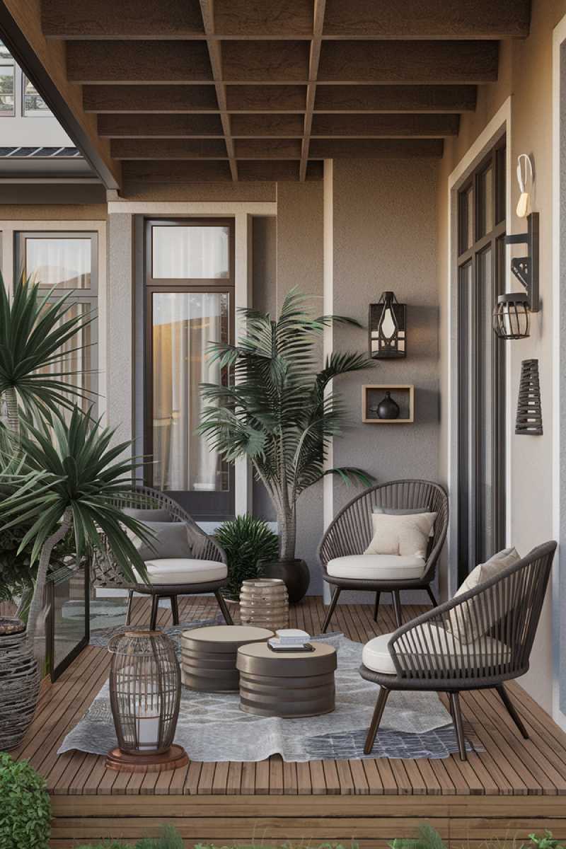 A modern patio design and decor. There is a wooden deck with a few chairs and a table. There is a potted plant near the wall. The wall has a few decorative items, including a lantern and a wall shelf with a vase. The floor has a rug. The background reveals a building with windows.