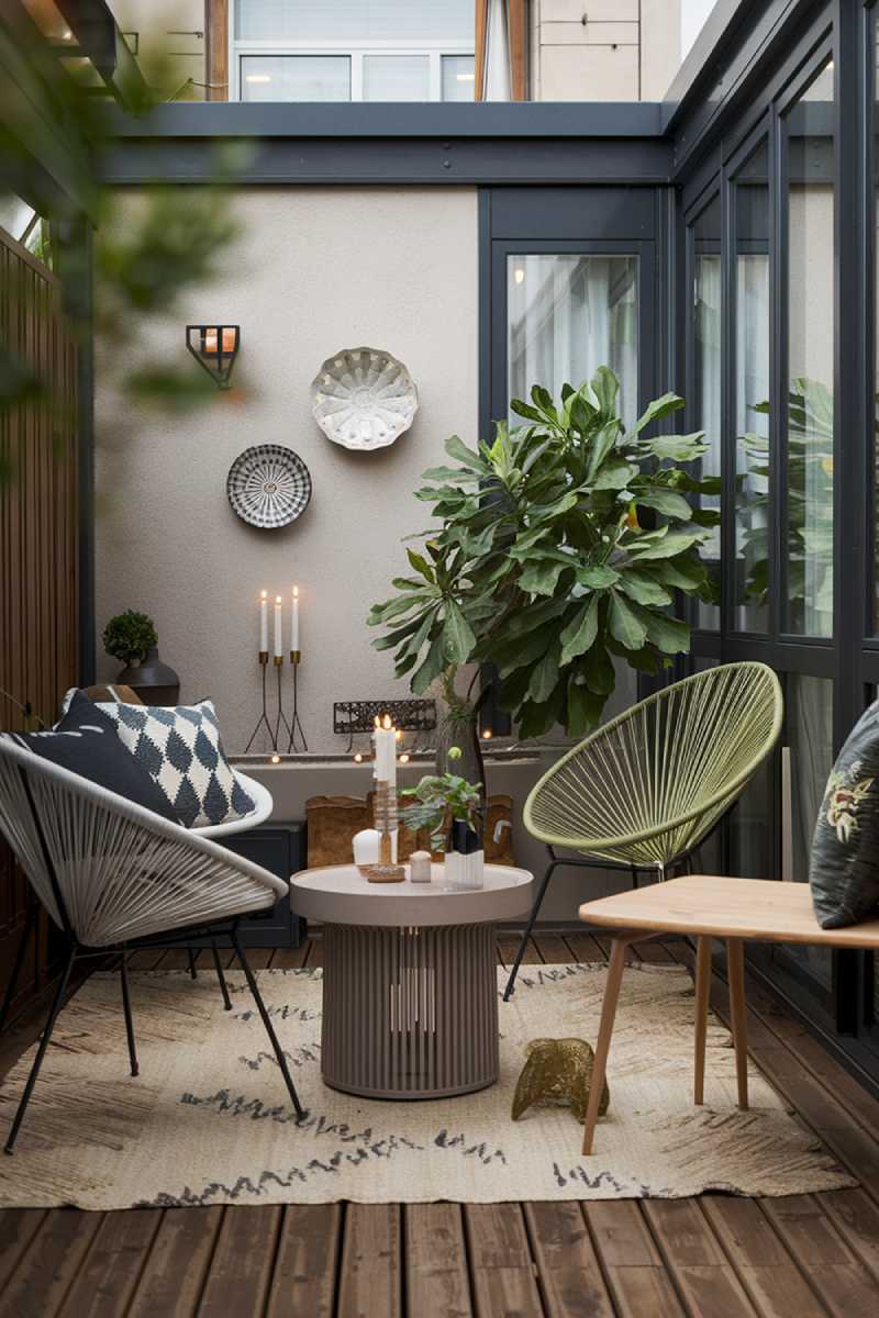 A cozy modern patio design with stylish decor. There's a wooden deck with a few chairs and a table. There's a green plant near the wall. The wall has a few items, including a decorative plate, a candle, and a small plant. The floor has a rug. The background contains a building with windows. The lighting is soft.