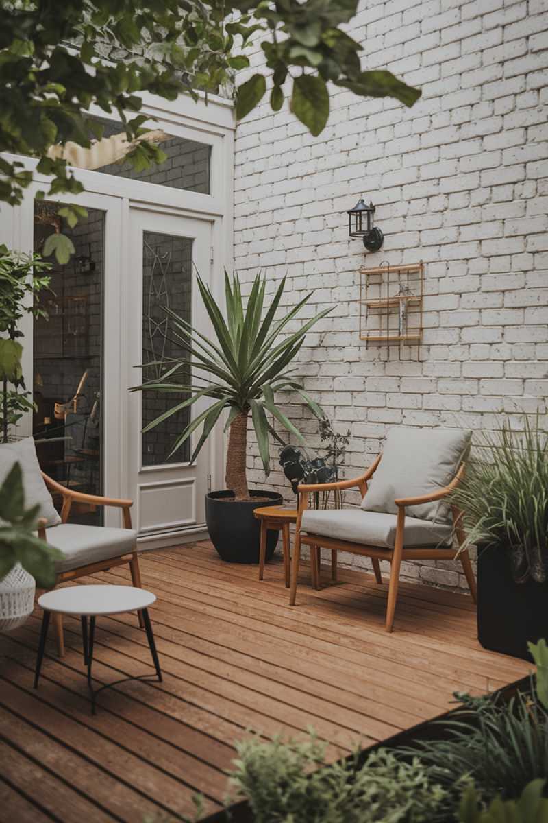 A modern patio design and decor with a wooden deck flooring, a few chairs, a table, and a potted plant. There's a white brick wall with a few decorative items. The wall has a door with a glass panel. The patio is surrounded by lush greenery. The lighting is soft.