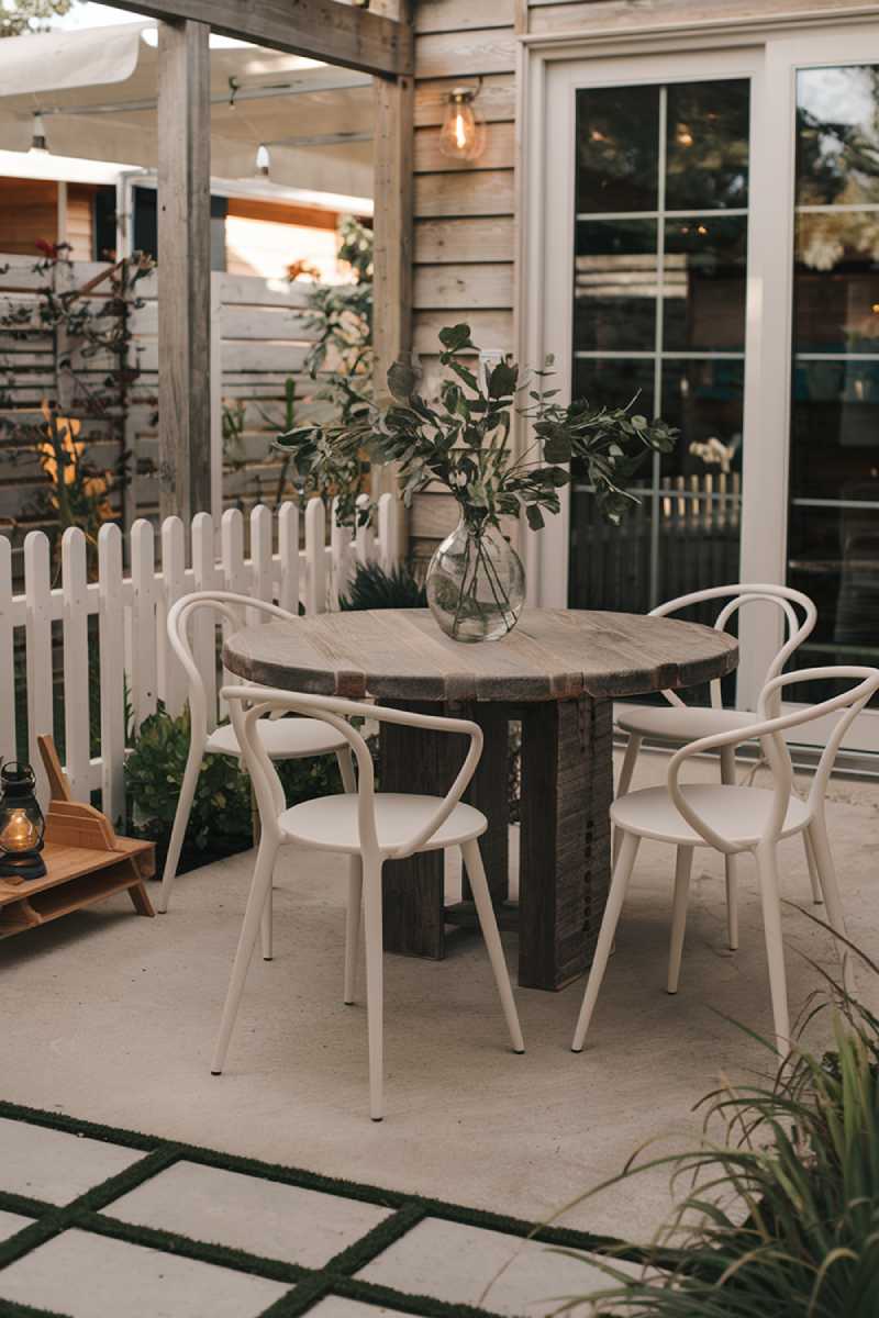 A modern patio design and decor. There's a round wooden table with a rustic finish, and four white chairs with a curved backrest. On the table, there's a glass vase with greenery. There's a wooden rack near the table, holding a lantern. The patio has a concrete floor and is surrounded by a white picket fence. There's a path of square pavers leading to the patio. The background reveals a house with a wooden exterior and a few plants.