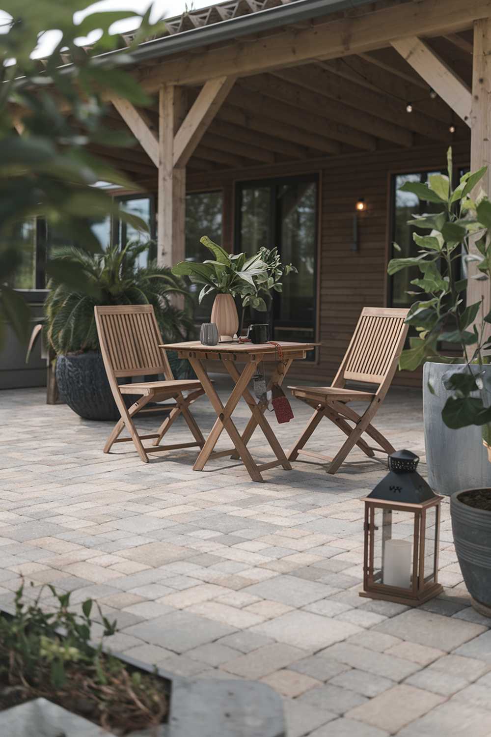 A paver patio design and decor idea. The patio is made of irregularly shaped pavers in shades of beige, brown, and grey. The pavers form a pattern of circles within squares. The patio is surrounded by a low wall made of the same pavers. There is a wooden pergola in the center of the patio, with beams made of large pavers. The pergola has a round table and chairs made of wood. There are potted plants placed around the patio. The background reveals a house with a white picket fence.