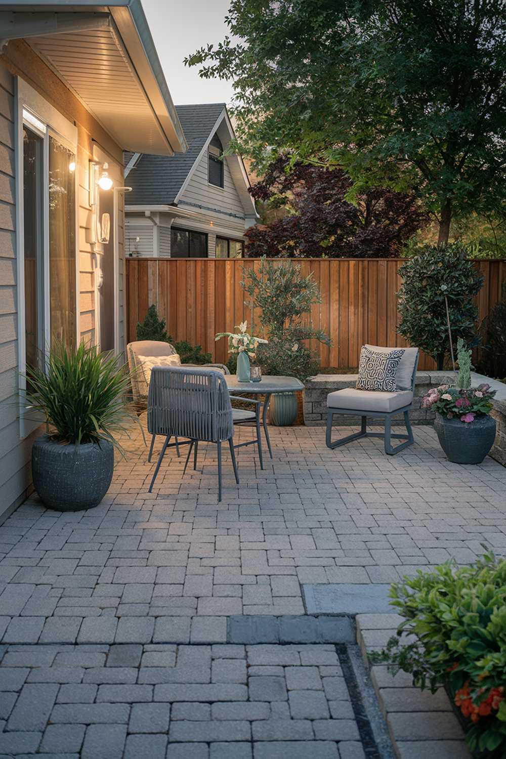 A paver patio design and decor. The patio has a few pieces of furniture, including a table and chairs. There's a potted plant beside the table. The background reveals a house with a wooden fence. The patio is illuminated by warm lighting.