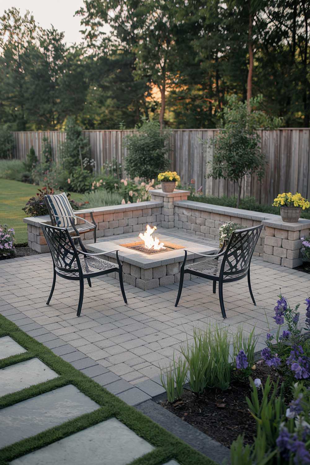 A paver patio design and decor. The patio has a square shape with a fire pit in the middle and a few chairs around it. There's a small table with a potted plant near the fire pit. The patio is surrounded by a lush green garden with flowers and trees. The background has a wooden fence. The overall ambiance of the photo is serene and inviting.