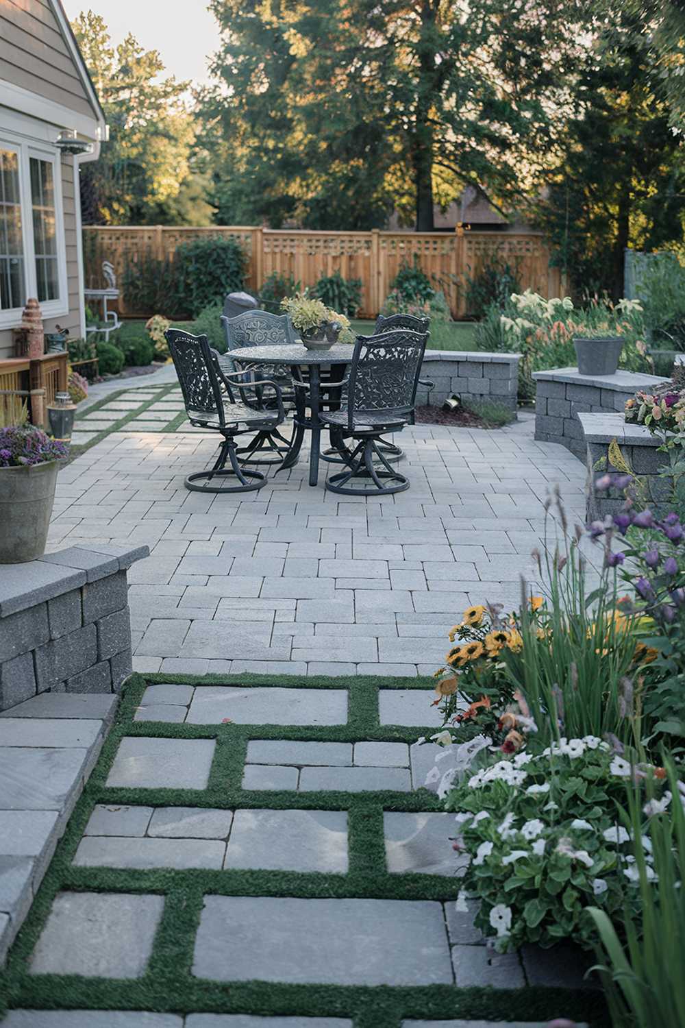 A paver patio design and decor. The patio is made of pavers in a pattern of squares. There is a table and chairs in the center of the patio. Surrounding the patio is a garden with flowers and greenery. The background contains a house with a wooden fence. The lighting is soft.