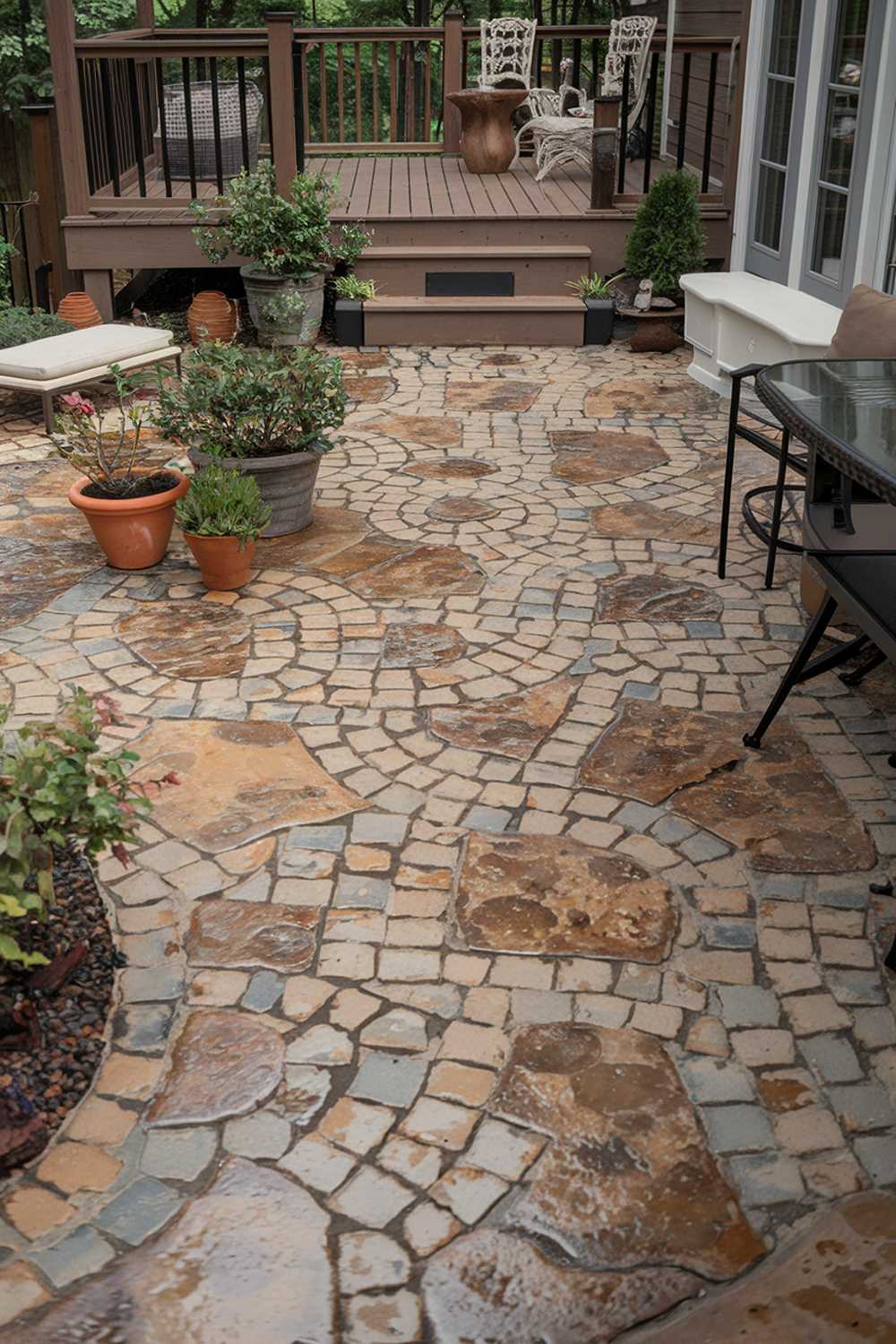 A paver patio design with a highly detailed pattern. The patio is made of irregularly shaped stones in shades of brown, beige, and gray. There are small plants in terracotta pots placed on the ground. In the background, there is a wooden deck with a railing. A white chair and a table are placed on the patio. The floor of the house has a beige carpet.