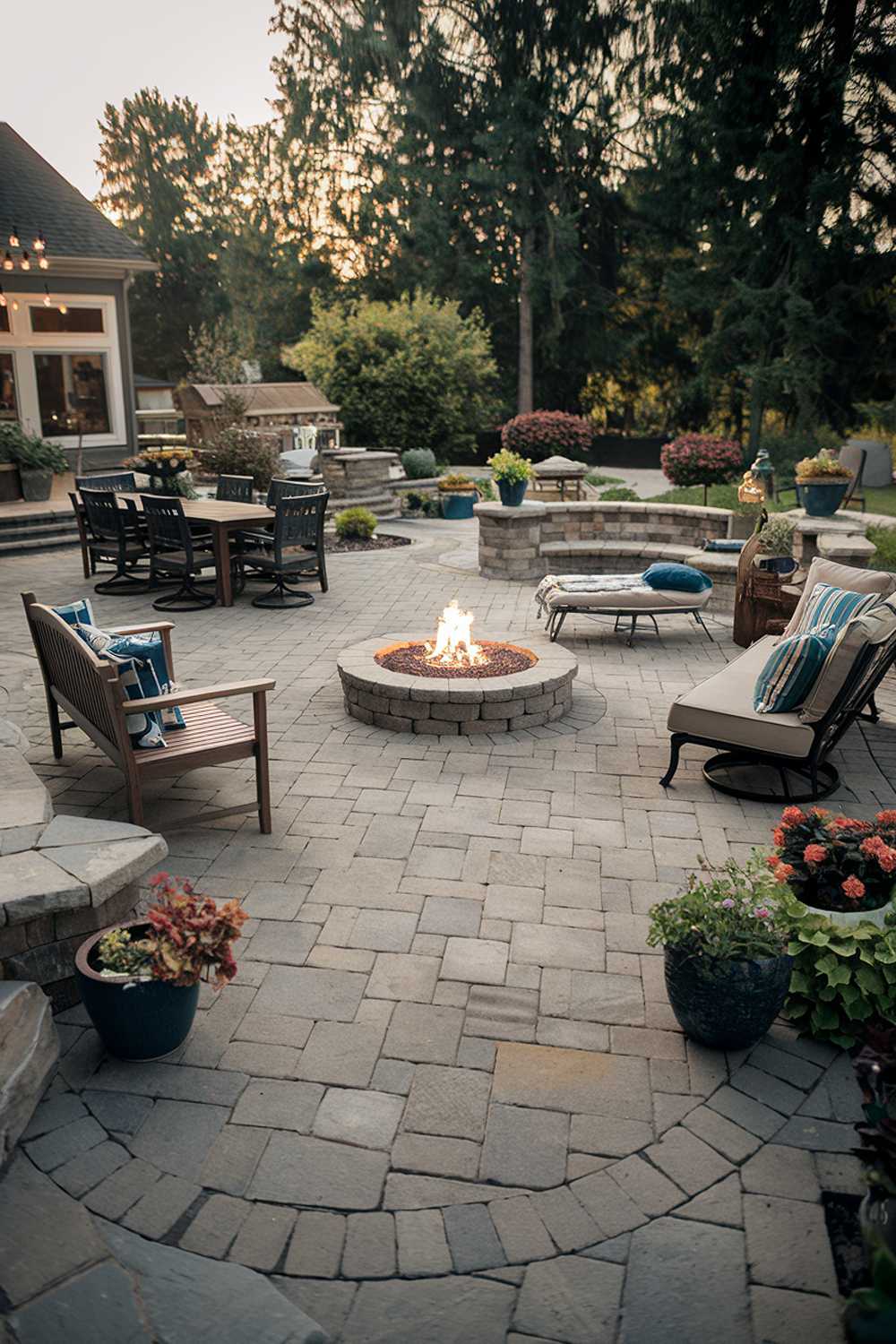 A paver patio backyard design. There is a large paver patio with a fire pit in the center. Surrounding the patio are various outdoor furniture pieces, including a dining set, a lounge chair, and a bench. There are also potted plants scattered around the patio. The background contains a house and trees. The lighting is warm.