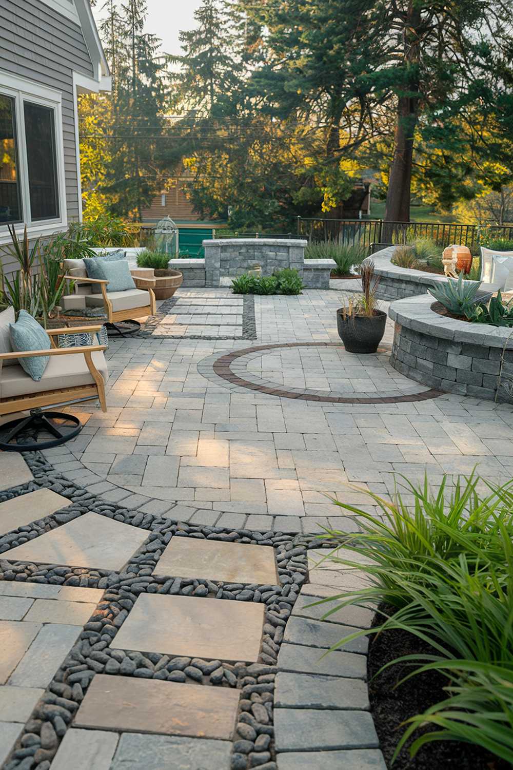 A paver patio design. The patio has a mix of large and small pavers, with some pavers having a texture. There are also some plants and a wooden chair in the patio. The background contains a house and trees.