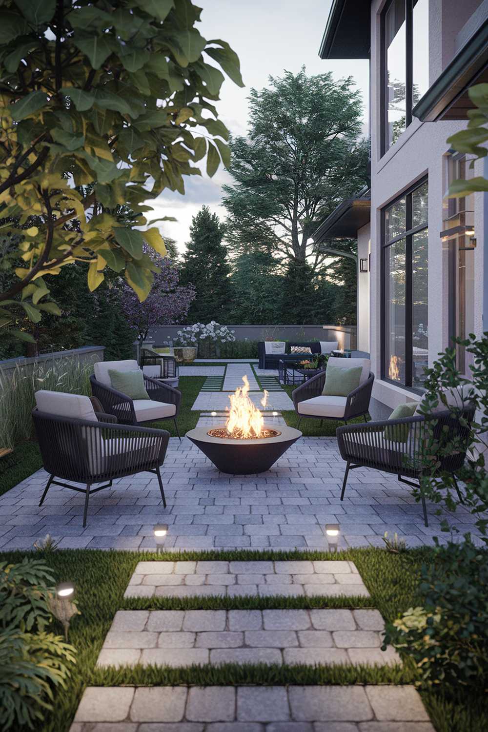 A highly detailed stylish modern cozy paver patio design with a fire pit. The patio is surrounded by lush greenery and has a few chairs and a table. The fire pit is in the center of the patio. The background reveals a modern house with large windows. The lighting is soft.