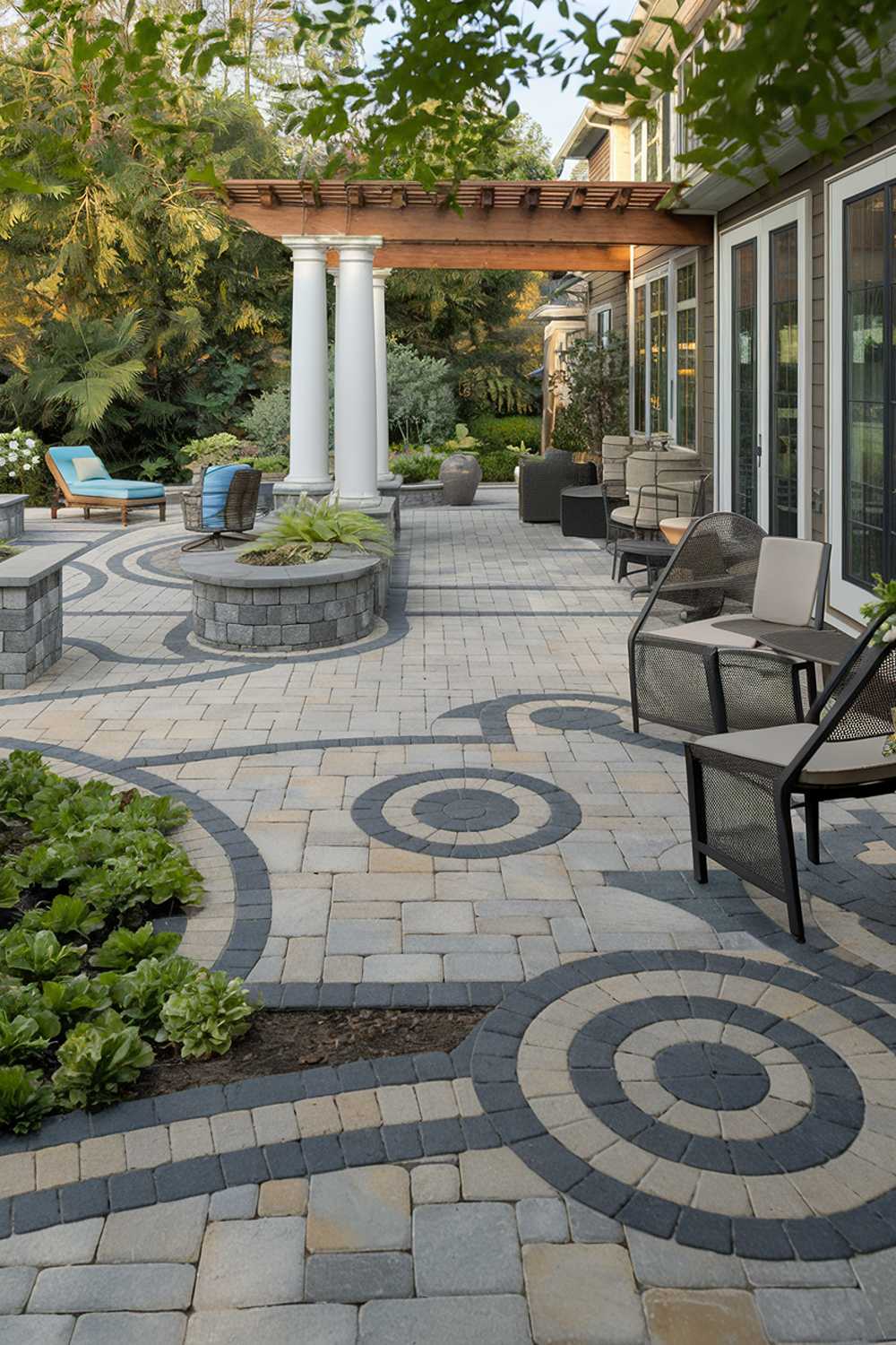 A modern paver patio design with a stylish and highly detailed layout. The patio features a combination of square and round pavers in a mix of beige, gray, and brown tones. The area is surrounded by lush greenery. A wooden pergola with white columns stands in the middle of the patio. There are also a few outdoor furniture pieces, including a table and chairs, and a lounge chair. The floor is clean and well-maintained. The background reveals a house with a few plants. The lighting is natural.