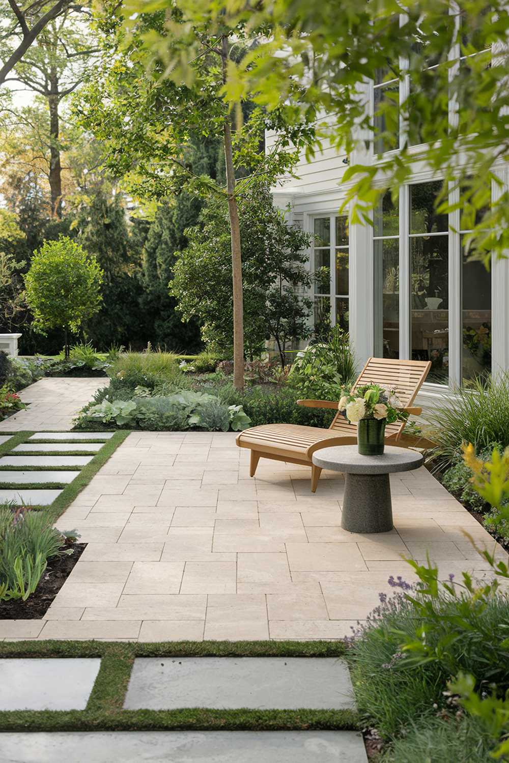 A stylish modern paver patio design. The patio is made of beige pavers and is surrounded by a lush green garden with various plants and trees. There's a wooden lounge chair and a small round table with a vase of flowers on the patio. The background reveals a white house with large windows. The overall ambiance is serene and inviting.