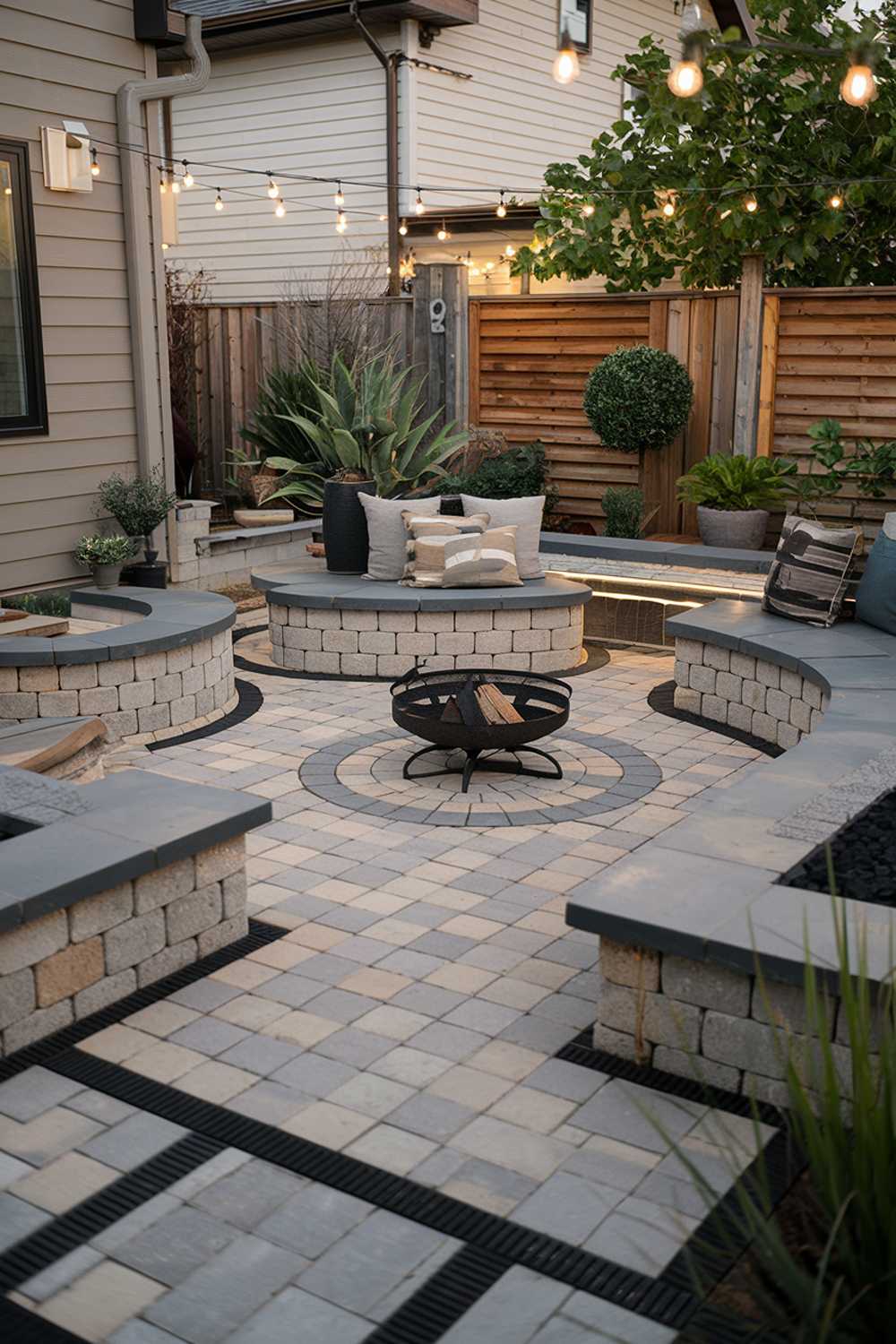 A paver patio design with a highly detailed stylish modern look. The patio features a mix of different sized pavers in shades of beige, grey, and black. There are built-in seating elements with curved edges, and a fire pit with a metal grate. A few potted plants add a touch of greenery. The background reveals a house with a wooden fence. The patio is illuminated by string lights.