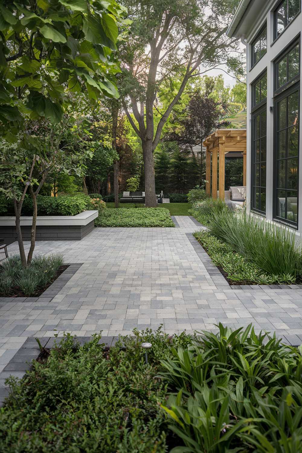 A stylish modern paver patio design backyard. The patio is made of grey pavers and is surrounded by a lush green garden with various plants, including trees and bushes. There is a white bench near the patio and a wooden structure near the trees. The background contains a house with large windows. The lighting is bright.