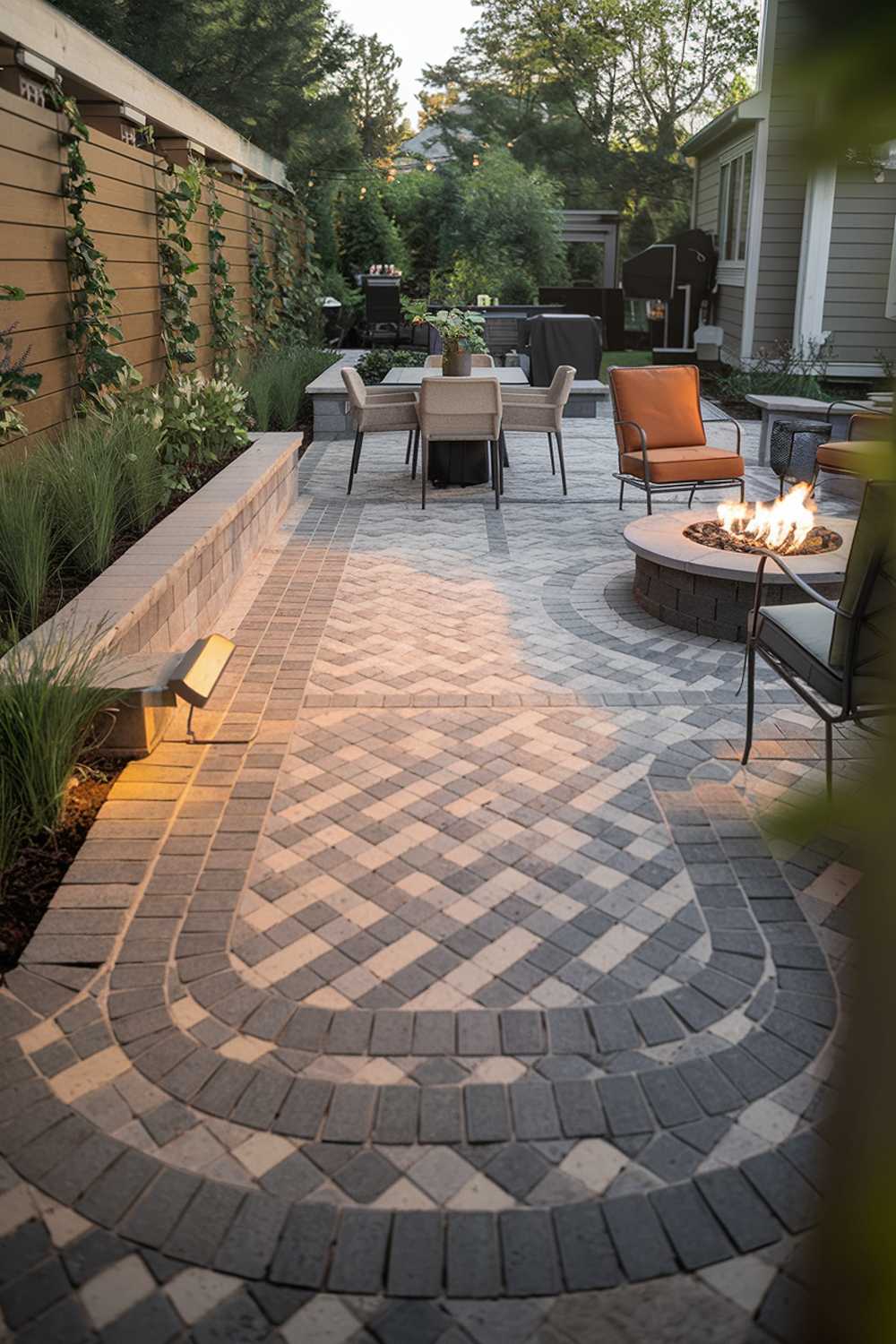 A backyard with a highly detailed, stylish modern paver patio design. The paver patio has a blend of grey and beige pavers in a herringbone pattern. There's a fire pit at one end of the patio, with a few chairs around it. A table with chairs is placed in the middle of the patio. There are plants and a wall with climbing vines along the edge of the patio. The background contains a house and trees. The image has a warm, inviting ambiance.