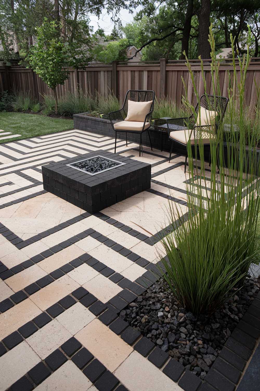 A modern paver patio design in a backyard. The patio is made of black and beige pavers in a herringbone pattern. There is a square fire pit made of black pavers in the center of the patio. There are two black metal chairs with beige cushions near the fire pit. A tall, skinny plant with green leaves is near the chairs. The background contains a wooden fence and some trees.