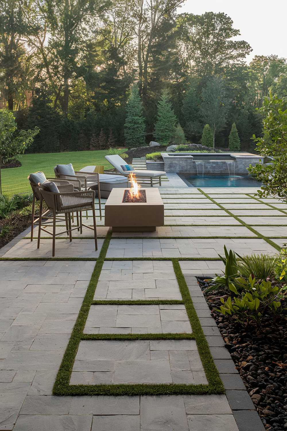 A backyard with a modern paver patio design. There's a stylish fire pit with tall chairs on one side. On the other side, there's a comfortable lounge chair. The patio is surrounded by lush greenery. At the far end of the patio, there's a swimming pool with water. The pool has stone steps leading down into the water. The background contains tall trees.