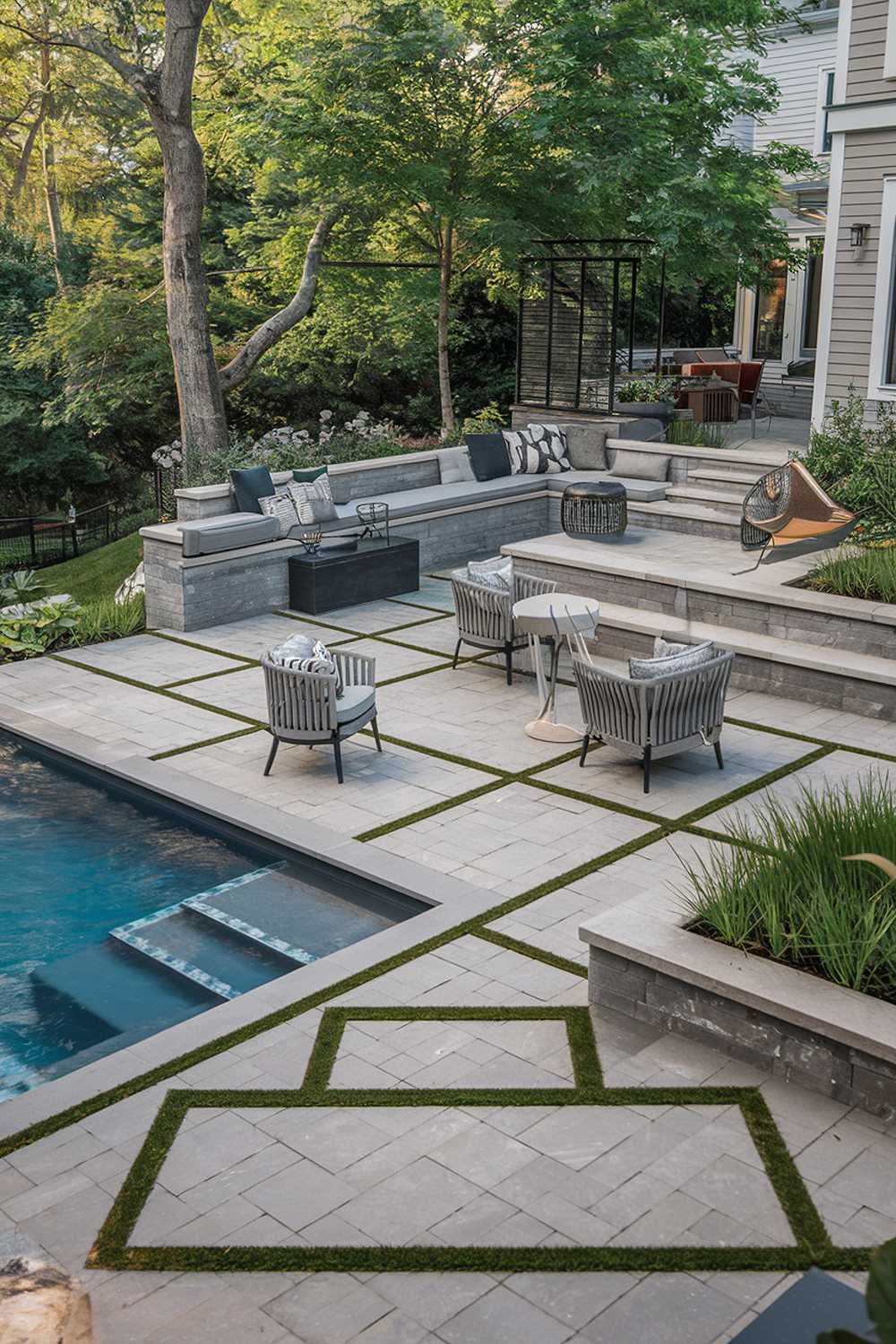 A modern paver patio with a pool. The patio features a variety of seating options, including a large bench and several chairs. There is also a small table near the pool. The patio is surrounded by lush greenery, with trees and plants. A set of steps leads down to the pool area. The pool has a sleek, modern design with a smooth, blue finish. The background reveals a house with a white exterior.