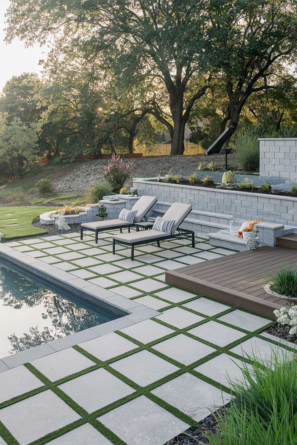 A backyard with a modern paver patio surrounding a pool. The patio has a few lounge chairs and a small table. There's a wooden deck next to the patio. The background contains a few trees and a wall. The ground is covered with greenery. The overall ambiance is serene.