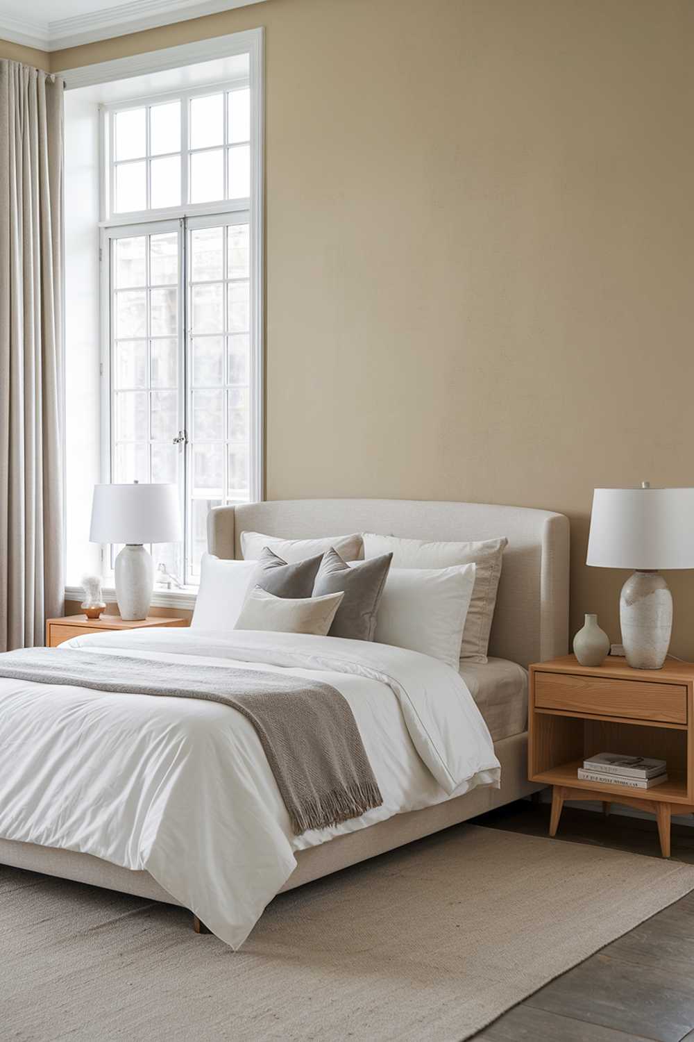 A Scandi bedroom design. The room has a beige wall with a large window that lets in natural light. There's a comfortable bed with a white duvet and grey pillows. The bed is placed against a beige wall. There's a wooden bedside table on each side of the bed, each with a white lamp and a grey vase. The floor is covered with a beige rug. The room has a few decorative items, including a white vase and a grey pillow. The furniture is minimalistic and has clean lines.