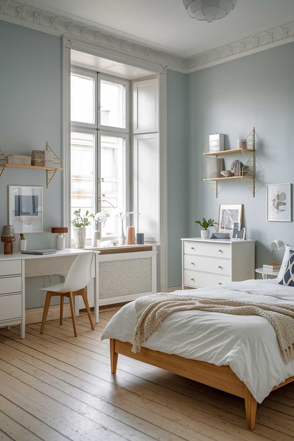 A Scandi bedroom design with a high-level of detail. The room has a light wooden floor and is decorated with white furniture. There's a wooden bed with a white duvet and a few decorative pillows. The room has a white dresser, a chair, and a wall shelf. There's a large window with a white frame and a curtain. The walls are painted in a light blue hue.