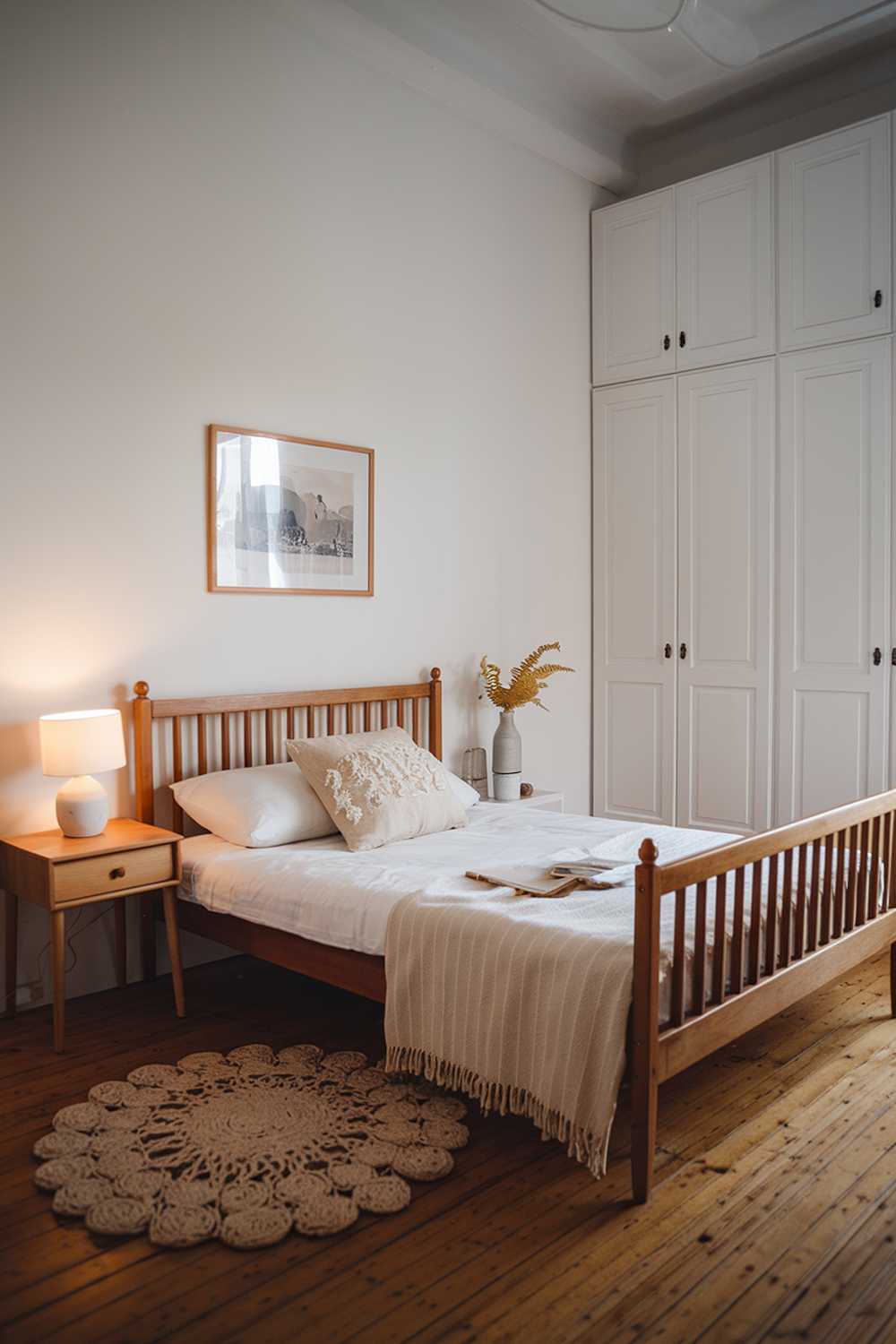 A Scandi bedroom with a high-level of detail. The room has a white wall, a wooden floor, and a few pieces of furniture. There's a wooden bed with a white blanket and a few pillows. Next to the bed, there's a wooden nightstand with a white lamp. On the opposite wall, there's a white wardrobe. The room has a small, round rug in front of the bed. The lighting is warm and soft.