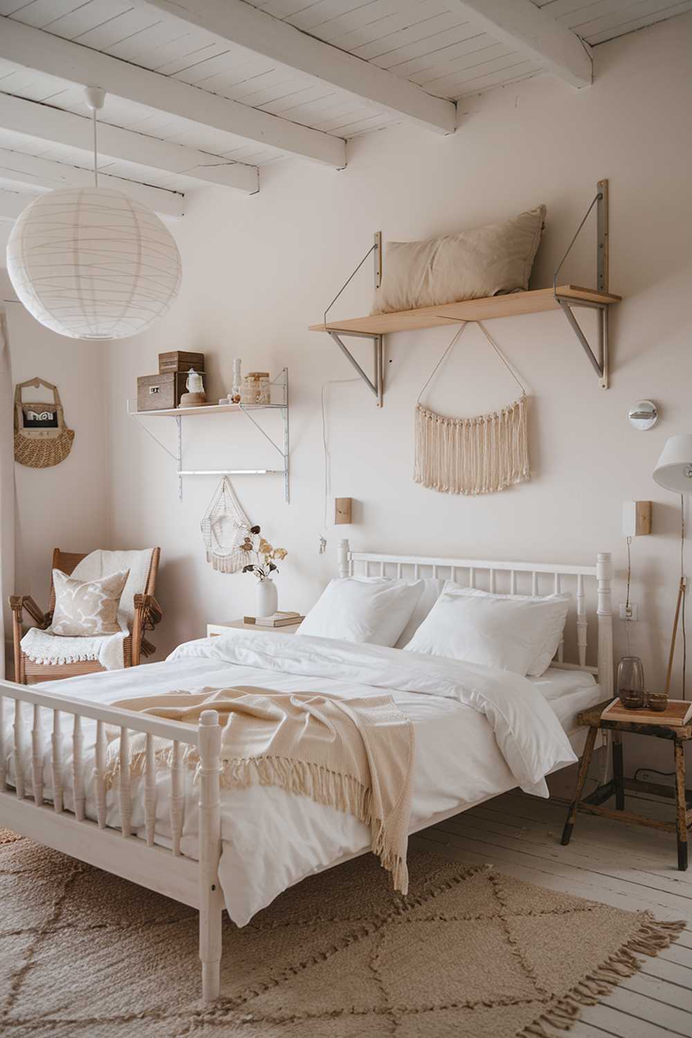 A Scandi bedroom. The room has a white wooden bed frame with a white duvet and two white pillows. There is a beige throw blanket at the foot of the bed. On the wall above the bed, there is a wooden shelf with a white lampshade and a beige pillow. The floor is covered with a beige rug. The room has a white wooden chair and a beige throw blanket near the bed. The walls have white wooden shelves, a white lampshade, and a beige pillow. The room has a white wooden chair and a beige throw blanket near the bed. The room has a white wooden chair and a beige throw blanket near the bed. The room has a white wooden chair and a beige throw blanket near the bed. The room has a white wooden chair and a beige throw blanket near the bed. The room has a white wooden chair and a beige throw blanket near the bed. The room has a white