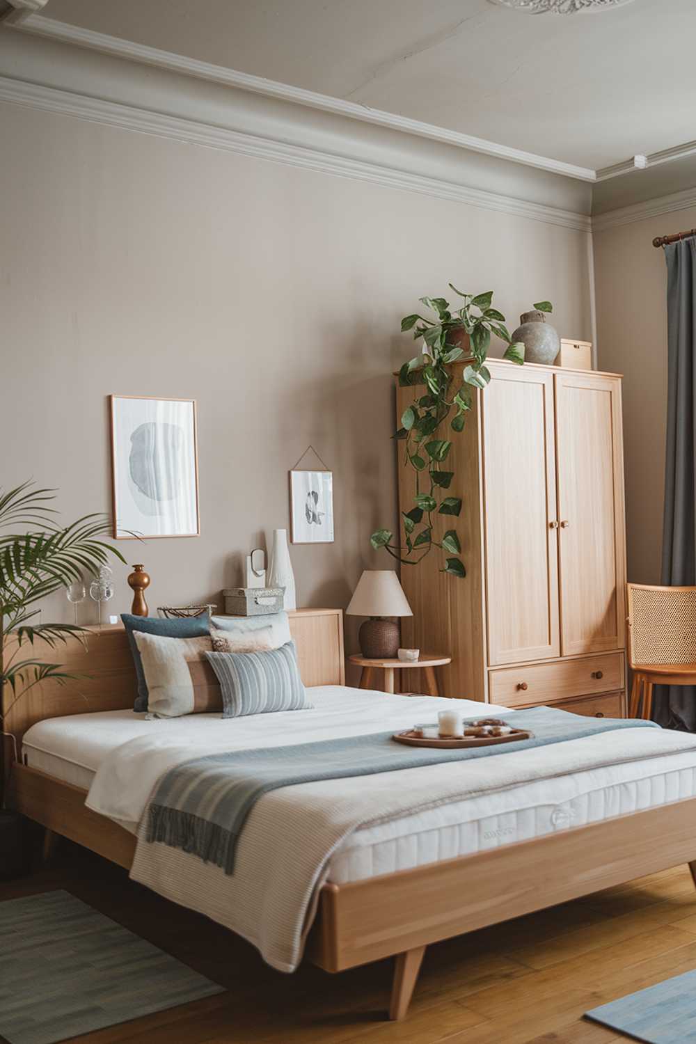 A Scandi bedroom. The room has a soft color palette, with muted tones of beige, grey, and blue. There is a wooden bed frame with a white mattress. The room has a few pieces of furniture, including a bedside table, a wardrobe, and a wooden chair. There is a potted plant near the bed. The room has a few personal items, such as a lamp, a vase, and a throw pillow. The walls and ceiling are painted in a light grey colour. The floor is made of wood.