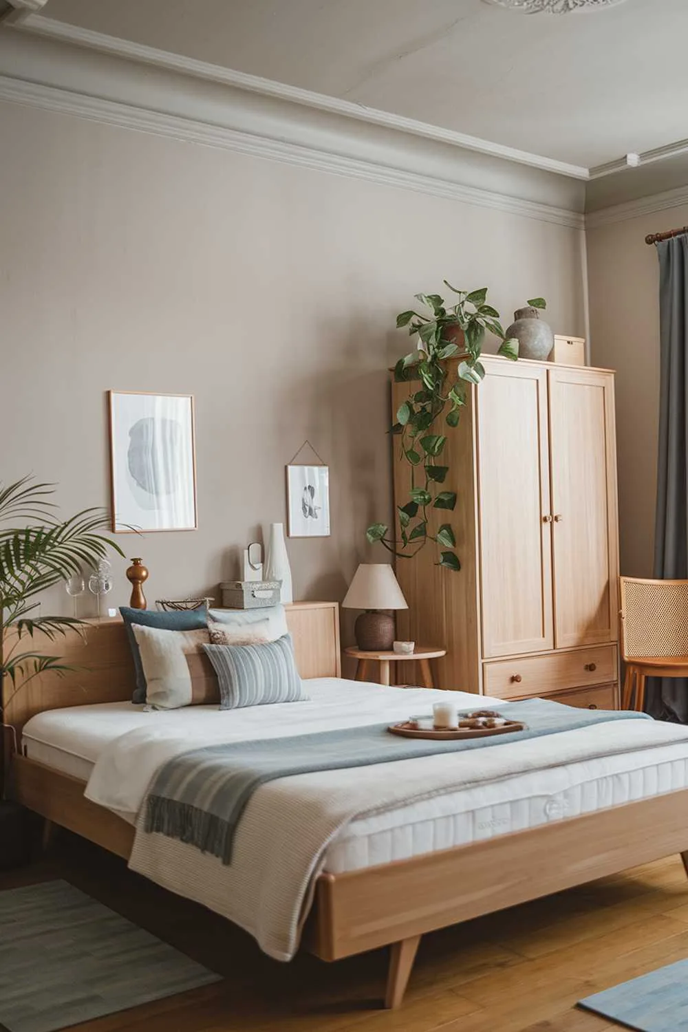 21 Scandi Bedroom Ideas for a Cozy, Minimalist Retreat 7 A Scandi bedroom. The room has a soft color palette, with muted tones of beige, grey, and blue. There is a wooden bed frame with a white mattress. The room has a few pieces of furniture, including a bedside table, a wardrobe, and a wooden chair. There is a potted plant near the bed. The room has a few personal items, such as a lamp, a vase, and a throw pillow. The walls and ceiling are painted in a light grey colour. The floor is made of wood.